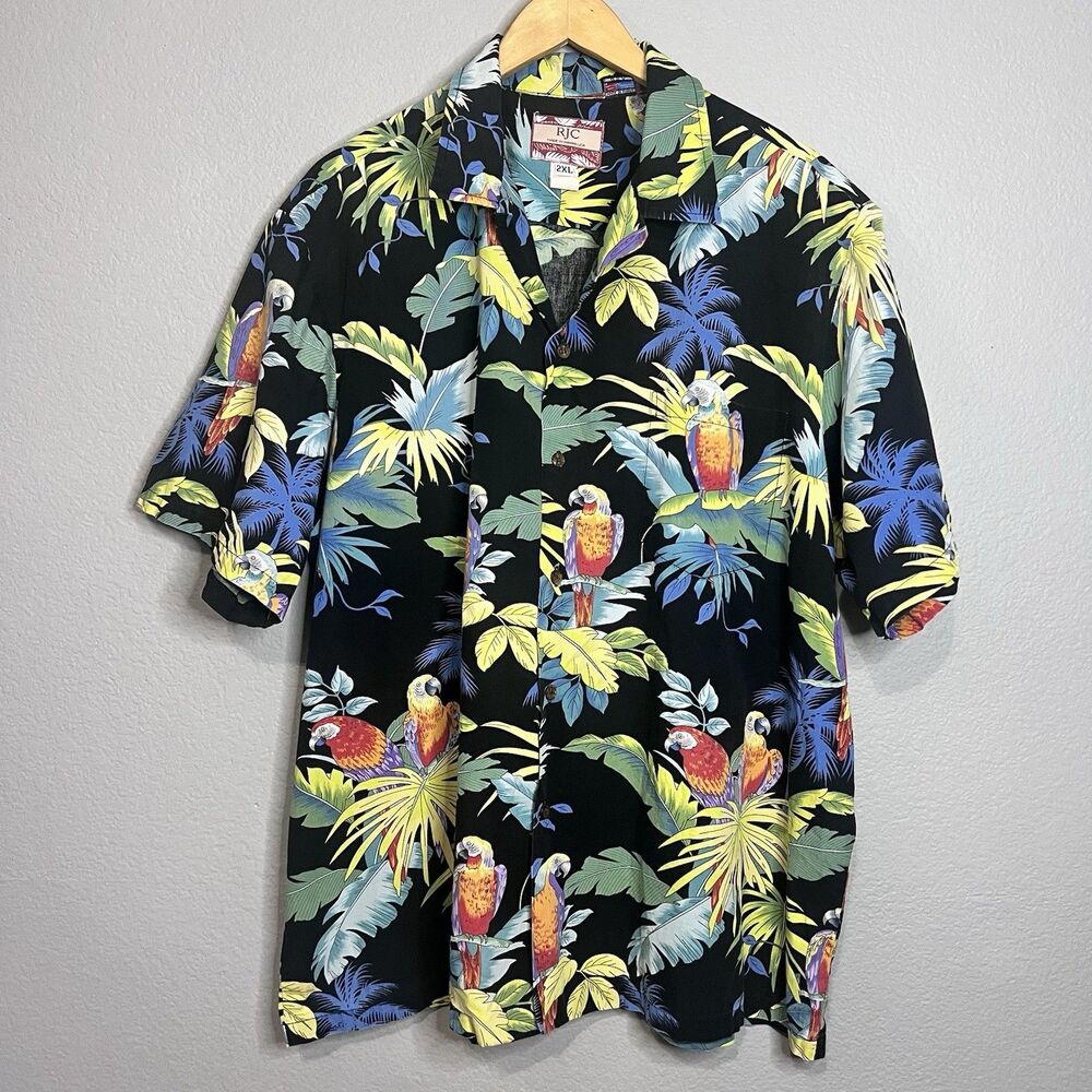 Vintage RJC All Over Print Button Up Hawaiian Shirt Made USA Nature Parrots 2XL